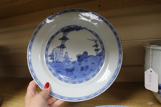 A Chinese blue and white bowl, two plates and two teabowls tallest 17.5cm